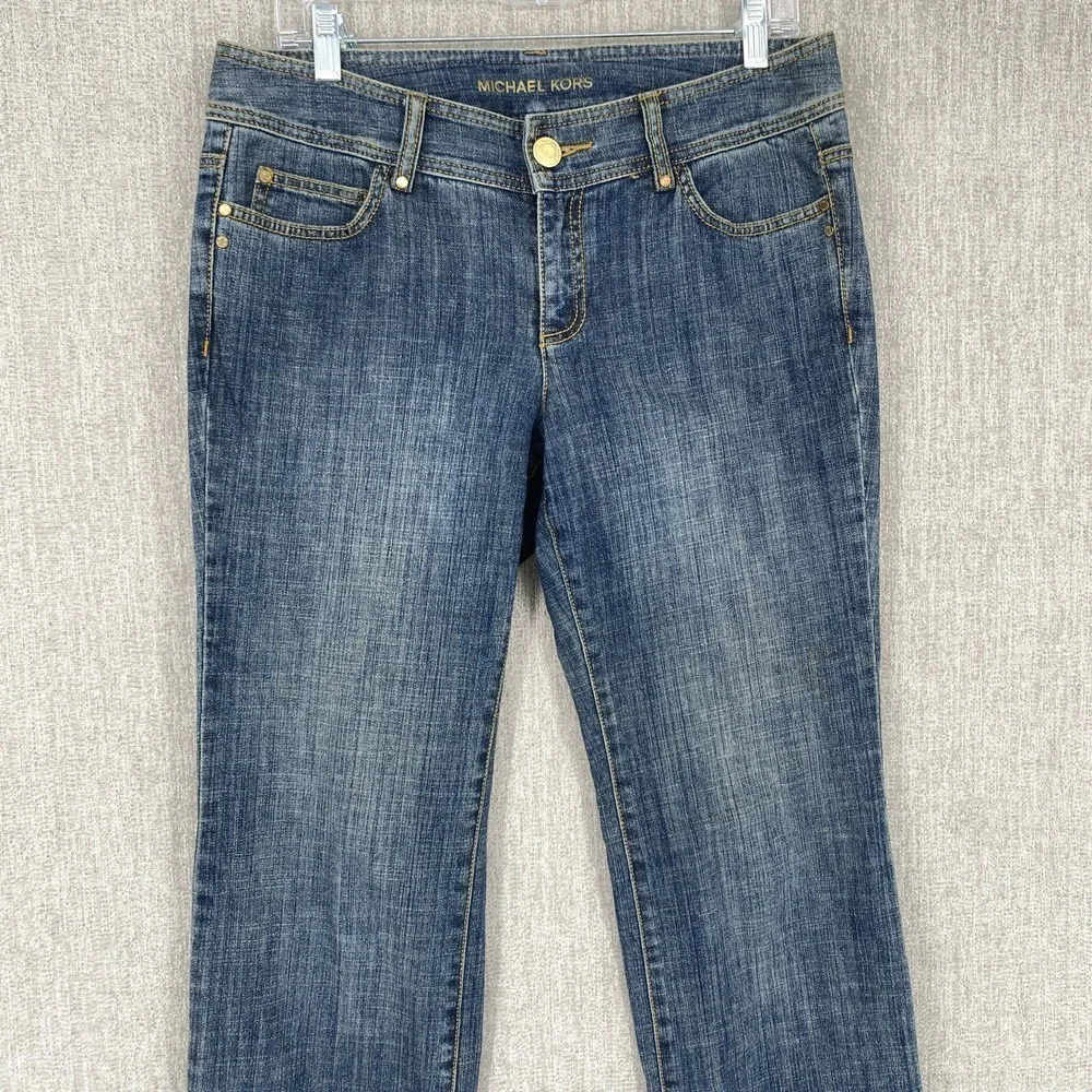 Michael Kors Studded Zipper Pocket Straight Leg Jeans 8 Blue Denim Gold Hardware